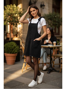 Wildfree Black Denim Overall Dress Tie Strap Frayed Hem Pockets